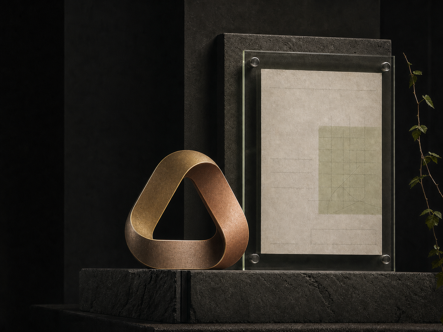 A continuous triangular metal loop beside a glass-framed governance document